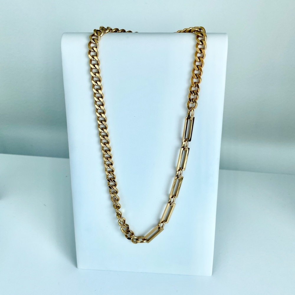 18k Plated Gold Mixed Wide Curb Paperclip Rectangle Chain Necklace